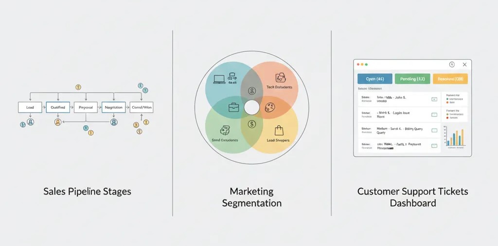 CRM features including sales pipelines, marketing automation and service case management.