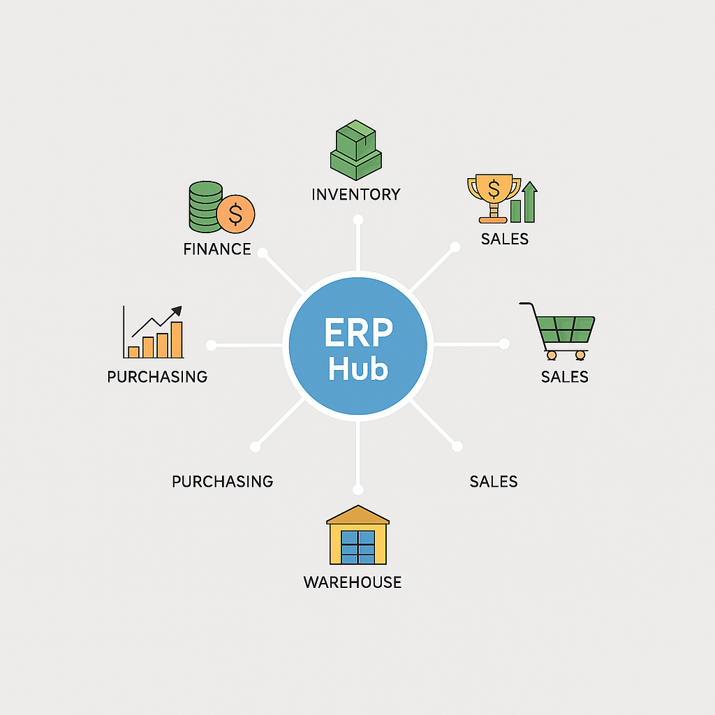 ERP system shown as the core operational engine of a company