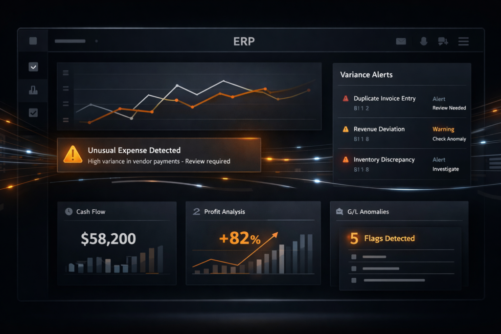 AI powered ERP dashboard showing anomaly detection, variance alerts, cash flow monitoring, and general ledger flags in a financial system