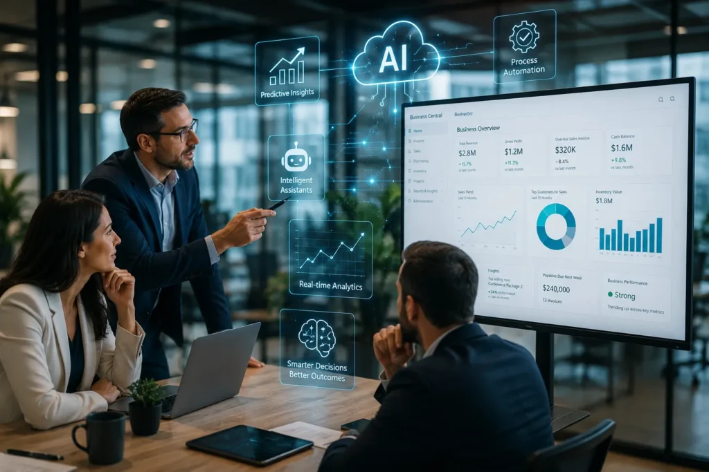 Executives exploring AI-powered business insights and modern cloud ERP capabilities