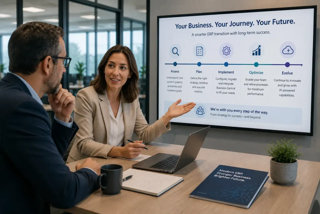 Business consultant discussing a Business Central migration roadmap with a client