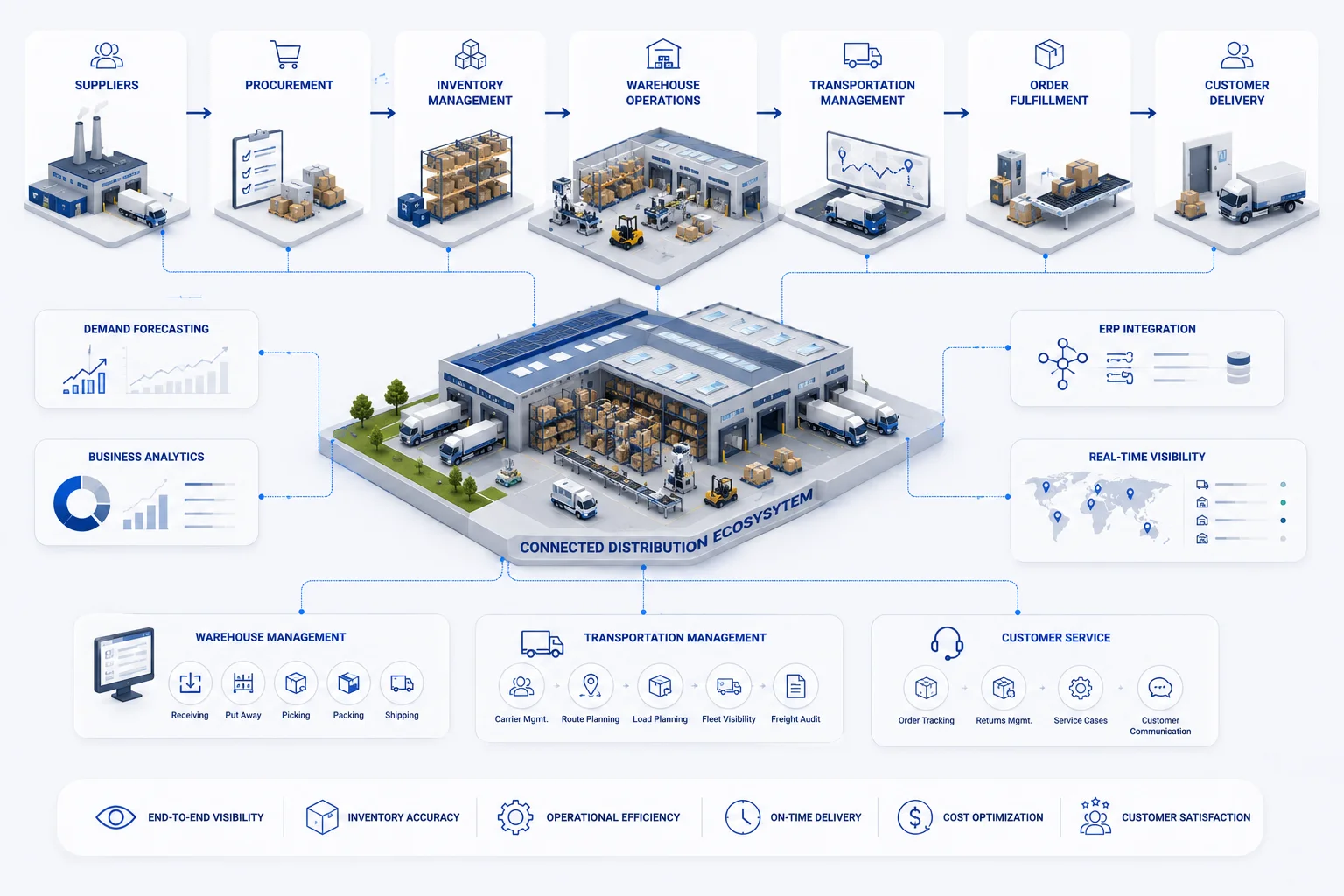 Connected distribution ecosystem illustrating the flow between suppliers, procurement, inventory management, warehouse operations, transportation planning, order fulfillment, customer delivery, and business analytics. The visualization demonstrates end-to-end visibility and operational coordination across the distribution network.