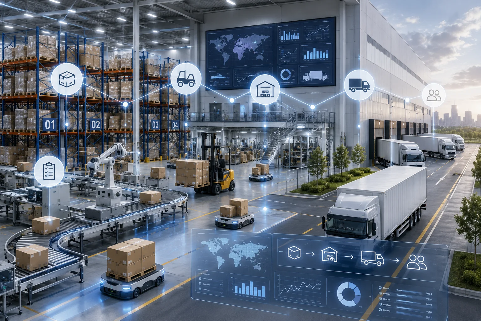 Modern distribution and warehousing operation displaying inventory visibility, warehouse management, logistics coordination, order fulfillment, transportation planning, and real-time operational insights across a connected distribution network.