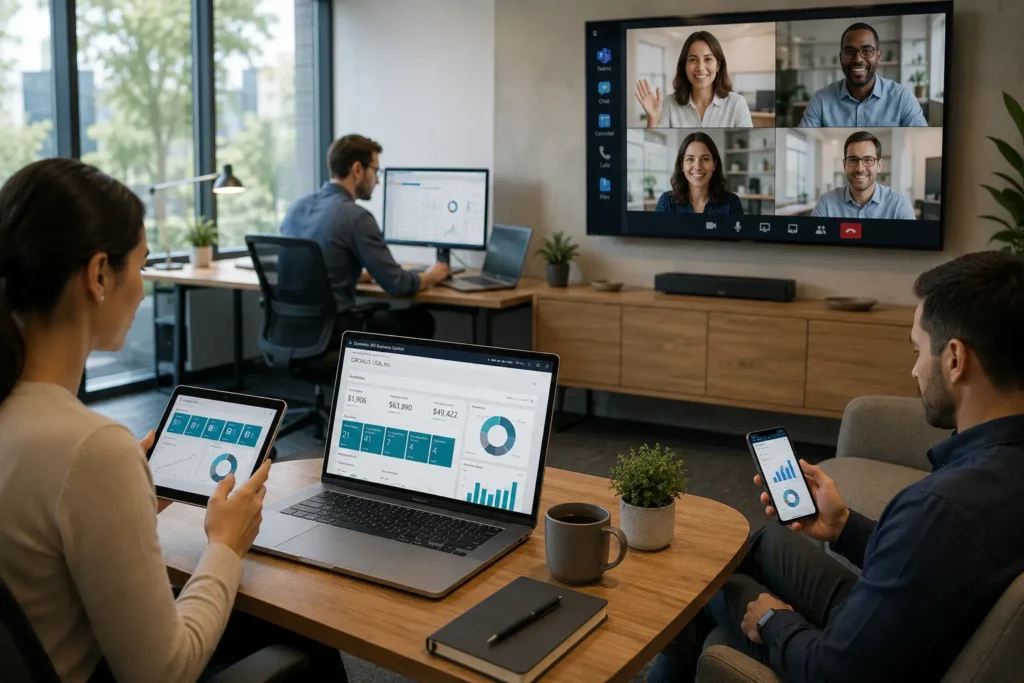 Employees collaborating using a modern cloud ERP across office, remote, and mobile devices