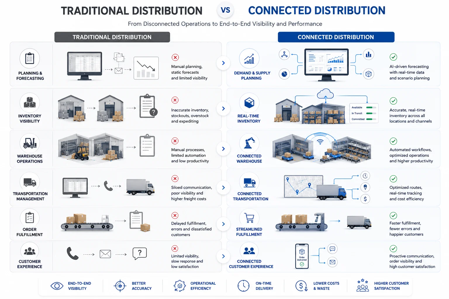 Comparison between traditional distribution operations and connected distribution systems. The visualization contrasts manual inventory tracking, disconnected warehouse processes, spreadsheet-based forecasting, limited transportation visibility, and delayed customer communication with an integrated distribution environment featuring real-time inventory visibility, connected warehouse management, transportation coordination, predictive planning, automated fulfillment, and customer order transparency.
