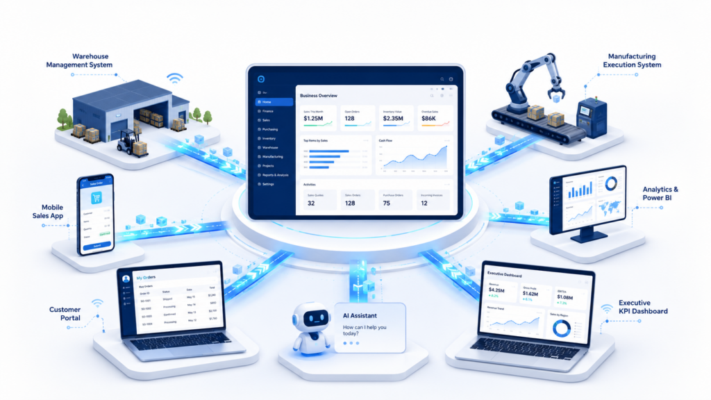 Illustration of Microsoft Dynamics 365 Business Central connected to warehouse systems, AI assistants, dashboards, and business applications through near real-time data streaming.